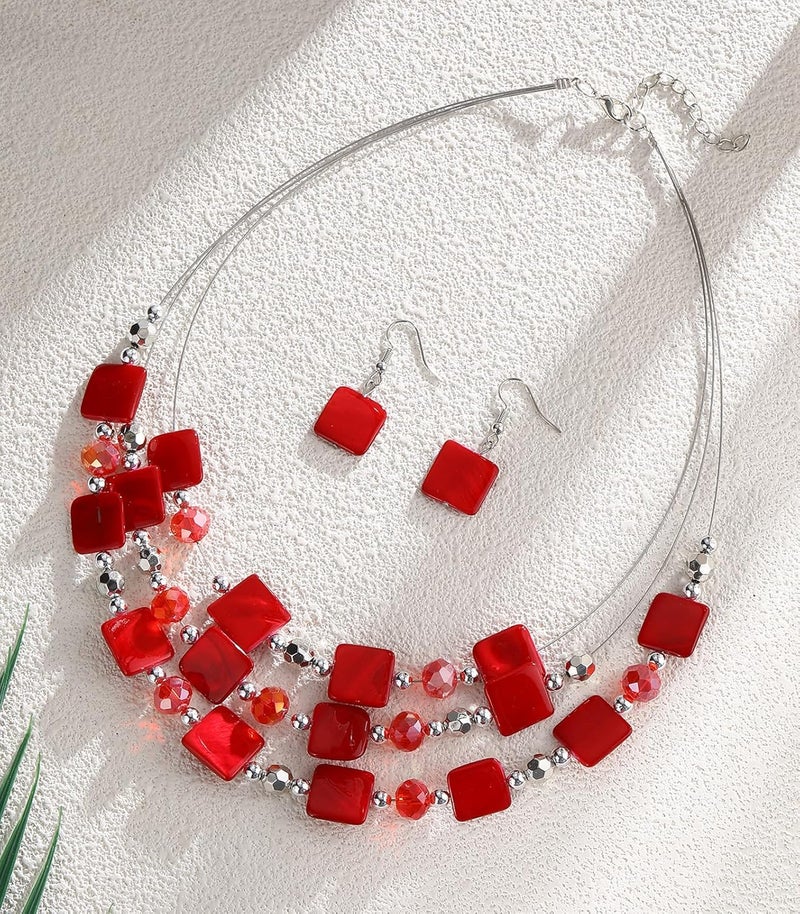 Errally Store Layered Beaded Statement Necklaces for Women Square Shell Bead Collar Necklace and Earring Set Birthday Gifts Boho Jewelry Sets for Women - Image 2